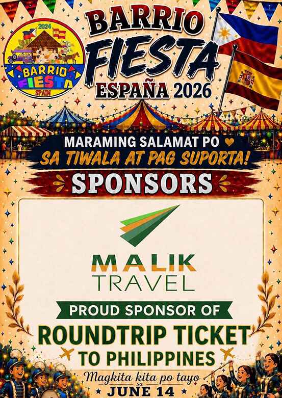 🎉🇵🇭🇪🇸 BARRIO FIESTA ESPAÑA 2026 IS HERE! 🇪🇸🇵🇭🎉 Malik Travel will be giving away a round-trip ticket to the Philippines. From delicious Filipino dishes to inspiring local businesses and community groups — siguradong ramdam mo ang tunay na PIYESTANG PINOY, DIWANG PINOY sa puso ng Madrid! 🇵🇭❤️🇪🇸 📍 Salesianos Estrecho 📅 June 14,2026 ✨ Sama-sama tayong mag-celebrate, mag-enjoy, at gumawa ng unforgettable memories!